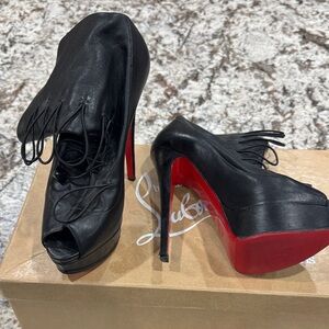 Christian Louboutin Black Fringe Peep-Toe Heels with Red Soles